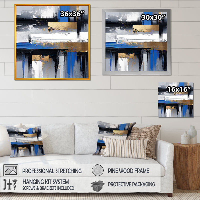 «Gold and Blue Paint Elegance II - Abstract Collages», art mural, H 36 po x l 36 po x P 1,5 po, Toile tendue