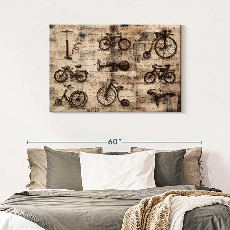 Vélo rétro sur toile rétro, H 30 po x l 45 po x P 1,25 po