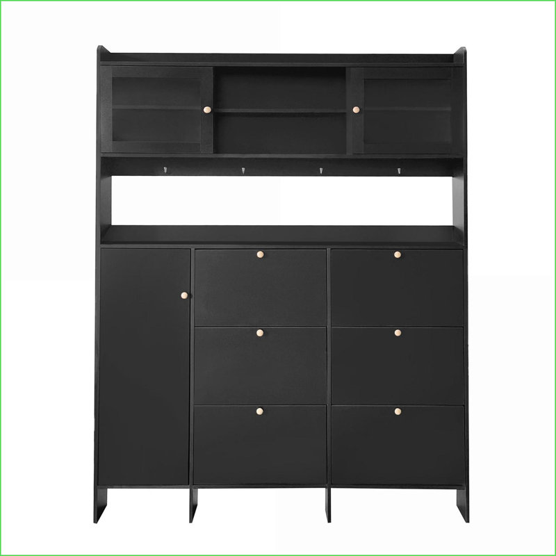 Hall Hall, armoire à chaussures contemporaine avec 6 tiroirs rabattables, 3 armoires Portes en verre trempé | Noir | Panneau de particules