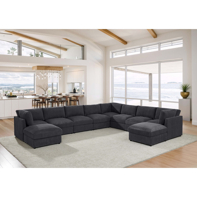 Canapé modulaire en velours côtelé Greatstian, Velours côtelé gris foncé