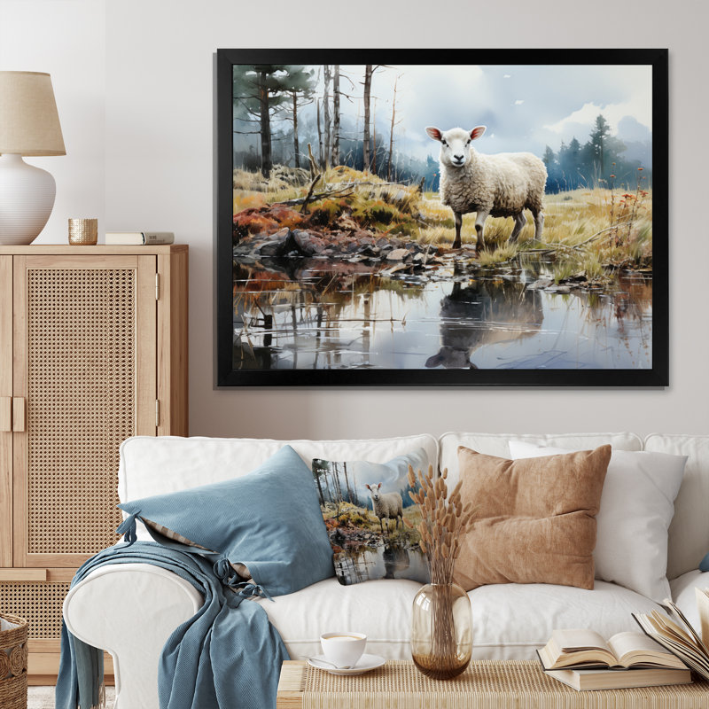 Sheep Reflection - reproduction sur toile, Cadre simple noir, H 34 po x l 44 po x P 1,5 po