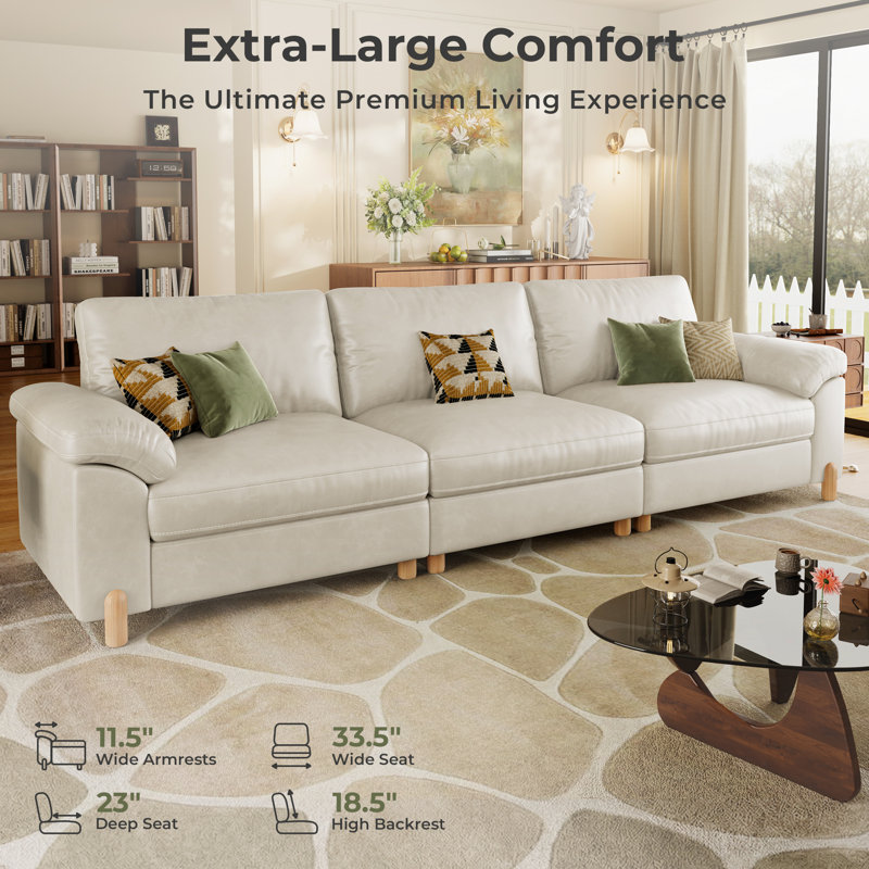 35" Extra Deep 3 Seat Sectional Sofa For Living Room, Oversized Cloud Couch With Washable Movable Covers, Scratch-Resistant Faux Leather In White