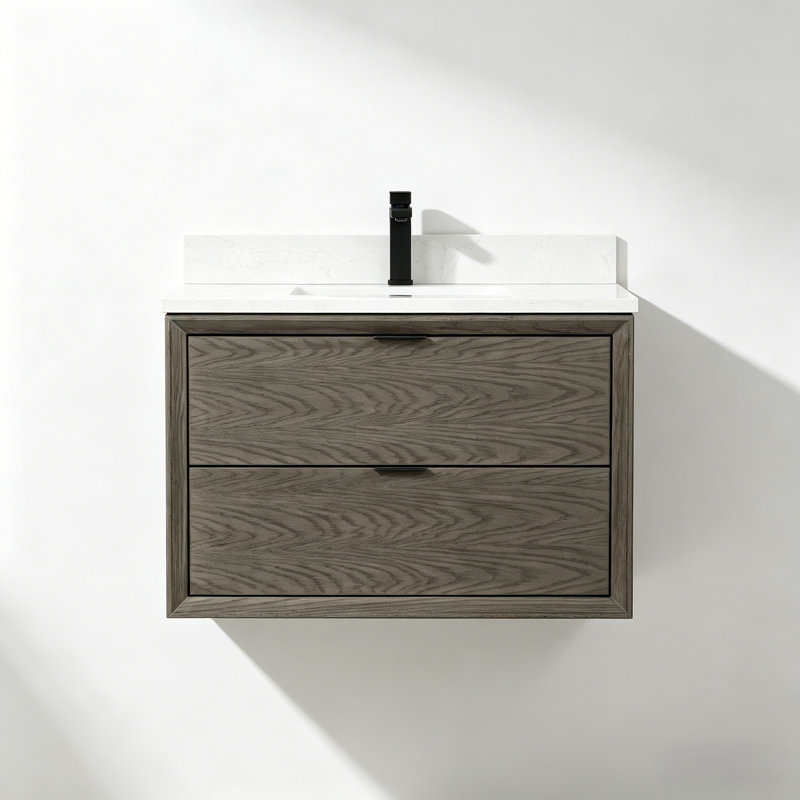 Meuble-lavabo flottant simple en bois massif 36 po avec plateau en marbre, Chêne gris