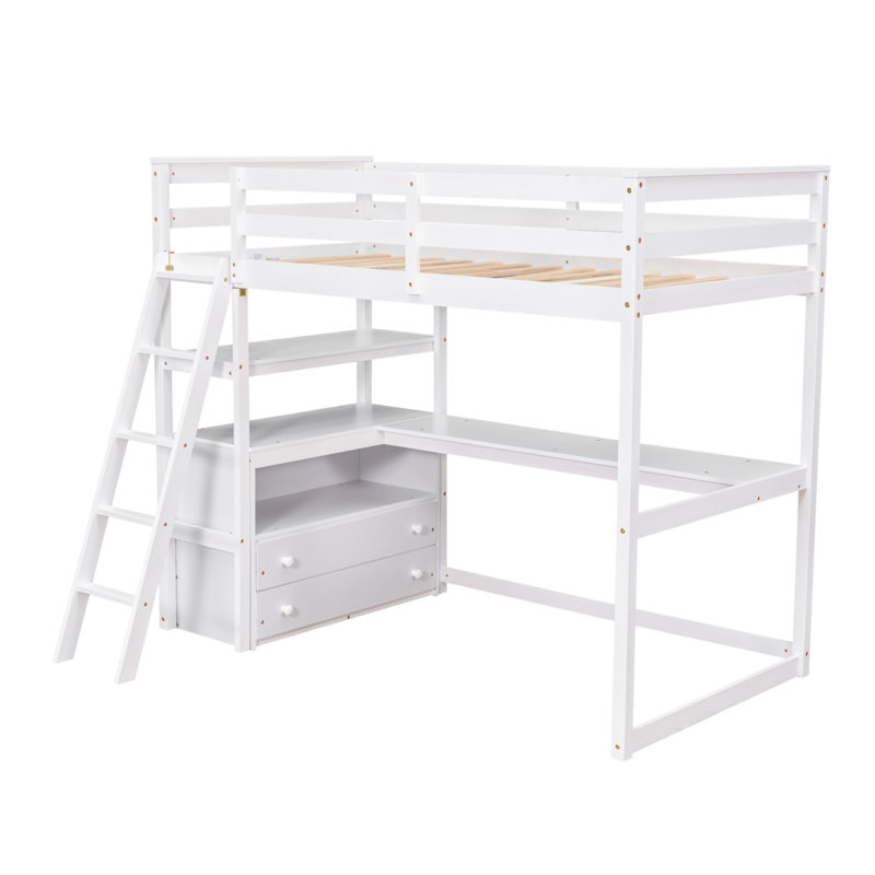 Lit mezzanine avec bureau et tablettes, Lit simple, Blanc