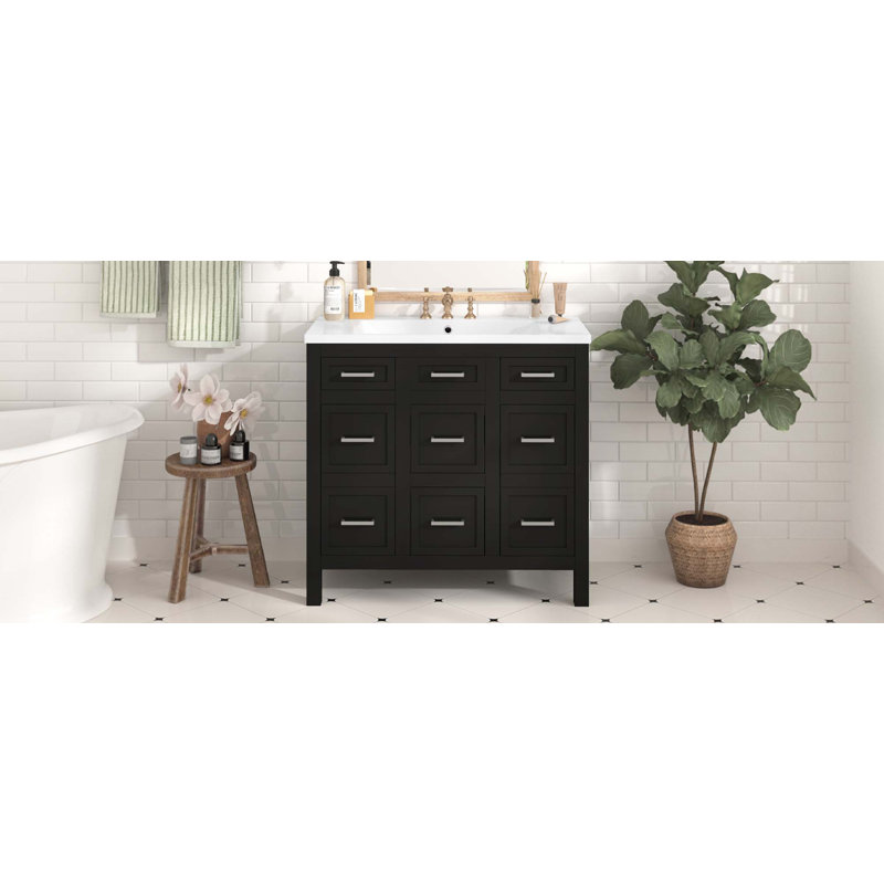 Meuble-lavabo 36 po avec lavabo intégré en résine - 4 tiroirs, 2 portes, Noir