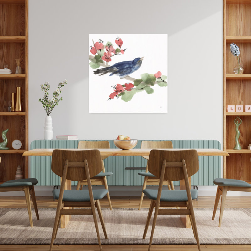 Art contemporain avec oiseaux et fleurs II, H 36 po x l 36 po