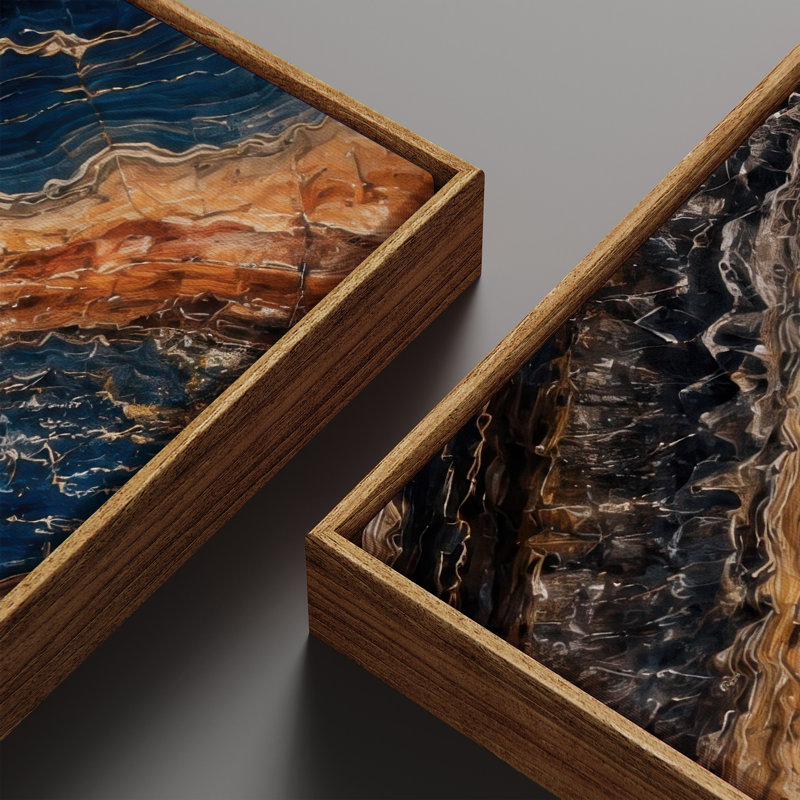 Bagues en pierre superposée bleu rouille et marron, motif abstrait naturel – Ensemble de 2 impressions d'art encadrées sur toile 60 po x 20 po x 2