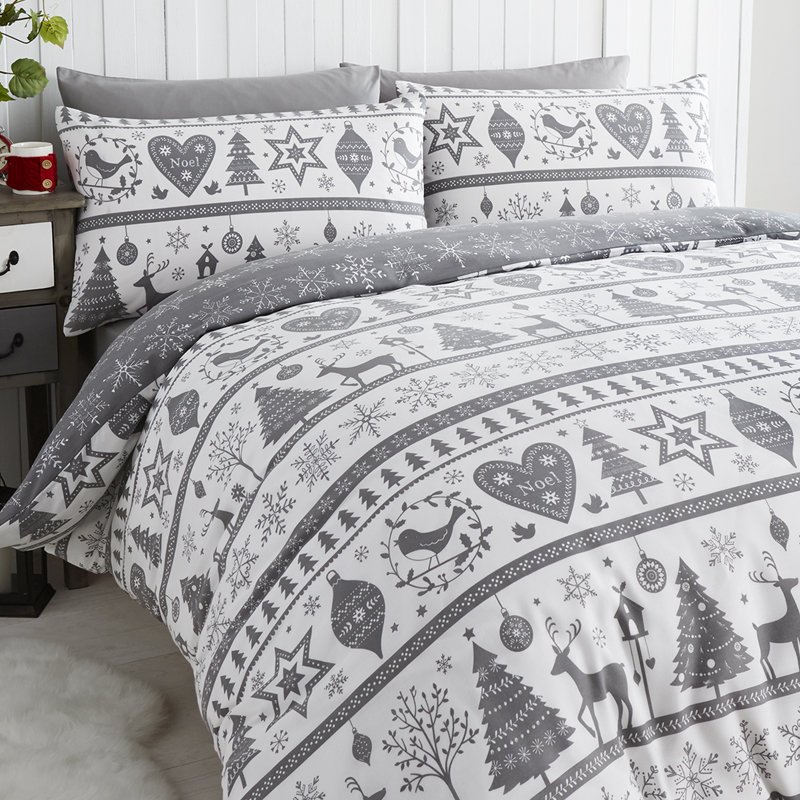 Aaryahi Nordic Scandi Christmas Duvet Cover Set, King Duvet Cover + 2 Standard Pillowcases, Grey