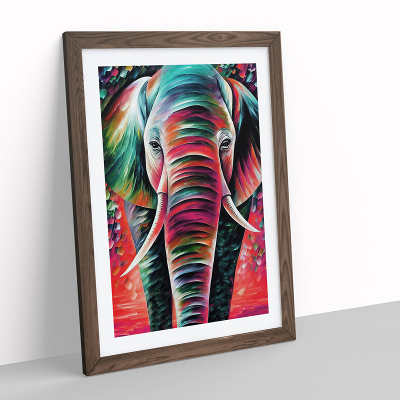 Colourful Elephant No.1 - Wall Art, 66cm H x 48cm W x 2cm D, Walnut Framed, White