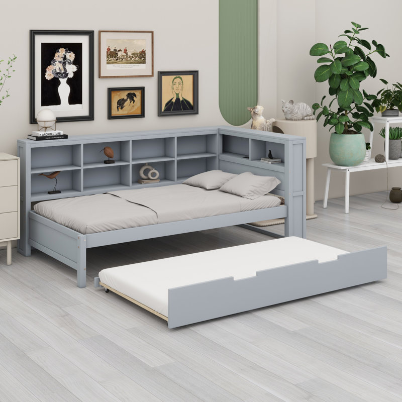 Lit de jour en bois avec lit gigogne simple, lit de jour avec tablette de rangement et ports de chargement USB, Gris