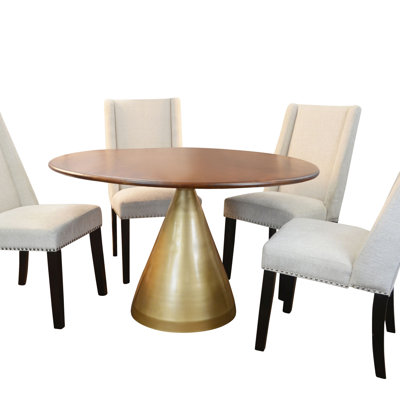 Gio 48" Pedestal Dining Table And 4 Laurant Upholstered Dining Chairs - Elm Top With Gold Base With Fawn Upholstery
