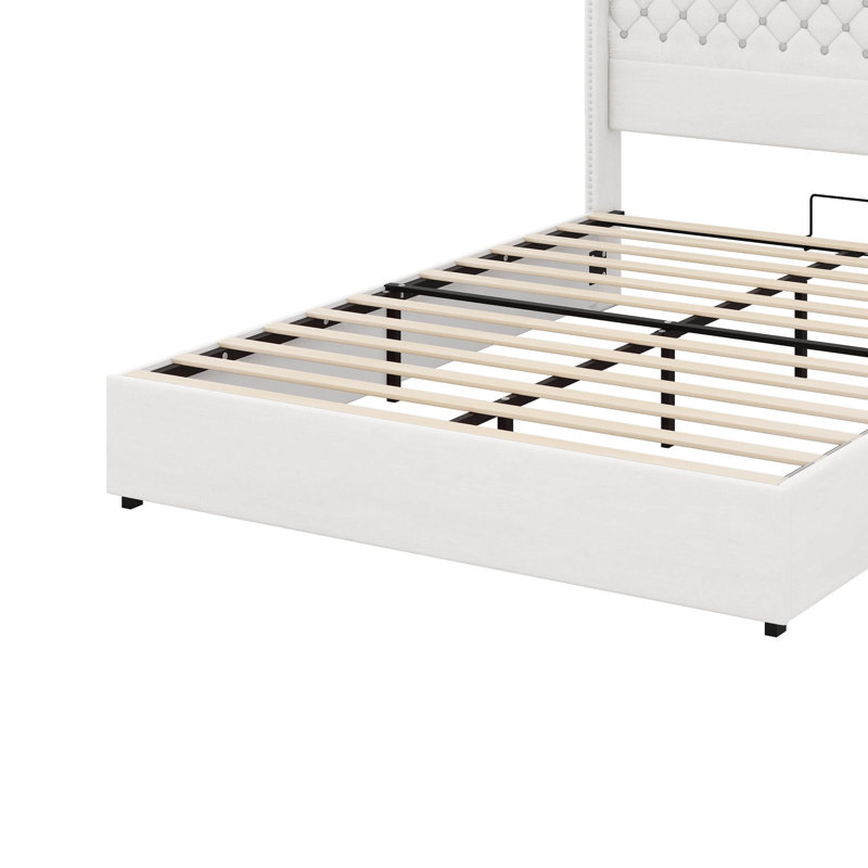 Structure de lit double en velours avec port de charge USB et veilleuse, décoration de rivet, lit plateforme à oreilles