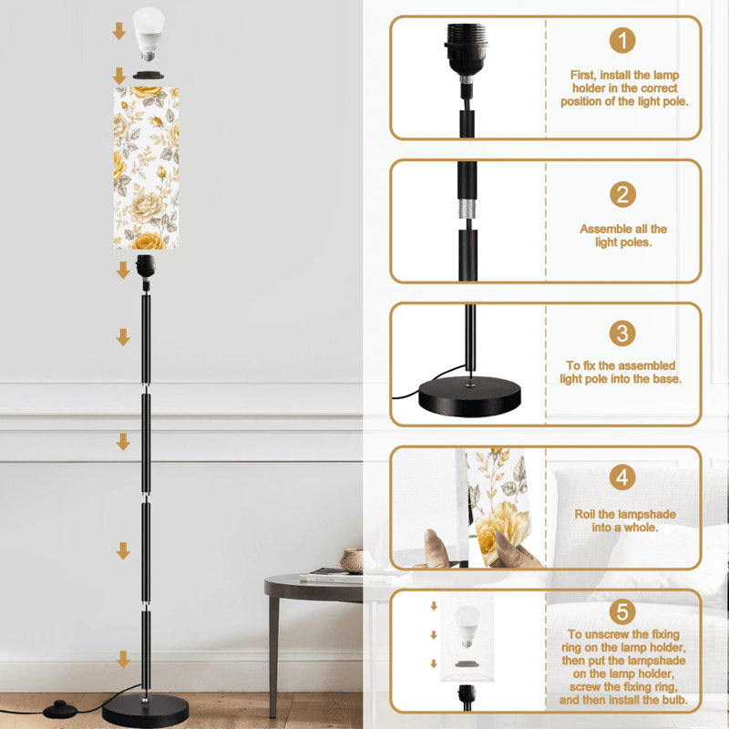 Lampe sur pied sans soudure à fleurs dorées blanches à intensité variable moderne avec télécommande et pédale, abat-jour, abat-jour haut, lampe de coin pour le salon, la chambre et le bureau