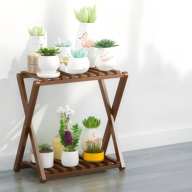 Support pour plante d'intérieur / extérieur à 2 niveaux en bambou, Brun