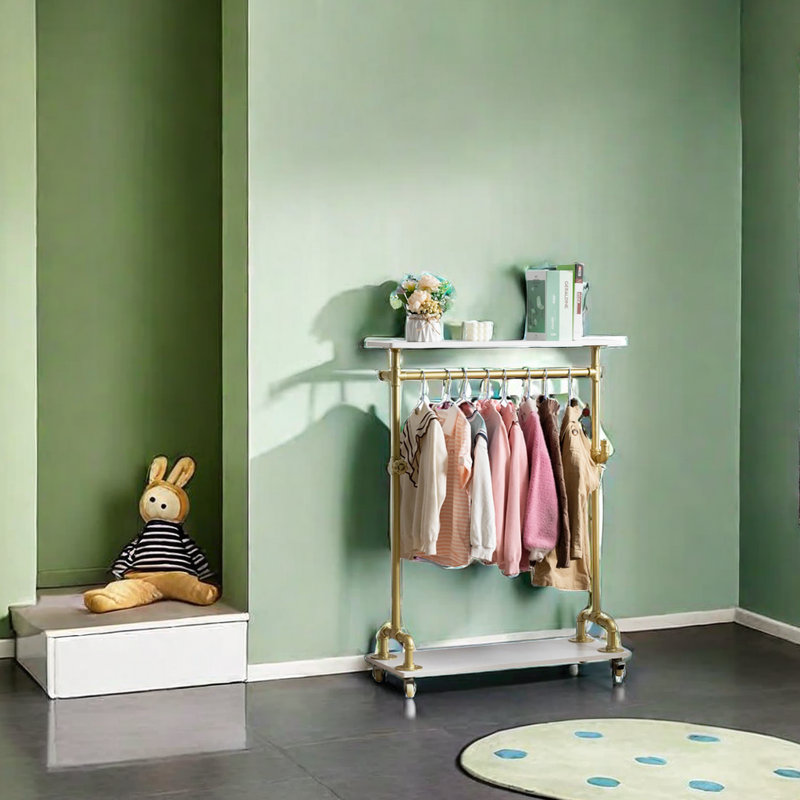 Child Garment Rack, Industrial Pipes Dress Up Racks, Child Garment Racks, Kids Clothing Racks, Clothes Hanging Rack With Storage Shelf Organizers Shelves Shelving, Gold