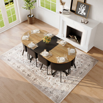 Ensemble de table de salle à manger 9 pièces ovale, plateau de table fixe à deux tons grain de bois et triamine de grain de bois noir avec 8 chaises en cuir de polyuréthane noir, ensemble de table de cuisine moderne pour 8 personnes, idéal pour les réunions de famille