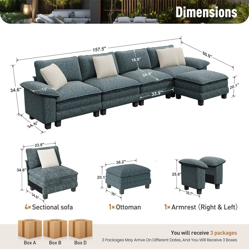 Canapé modulaire de 158 po, canapé en L surdimensionné avec repose-pieds et siège profond à 5 places avec coussin décoratif