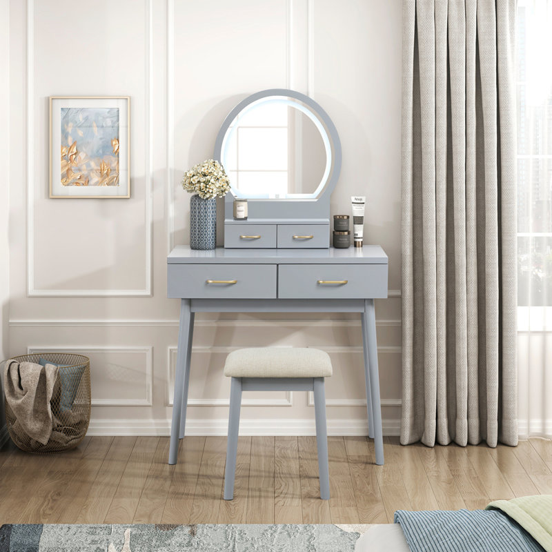 Small Vanity Desk w/Mirror & Lights Cushioned Stool 3 Adjustable Lighting Colors , Gray