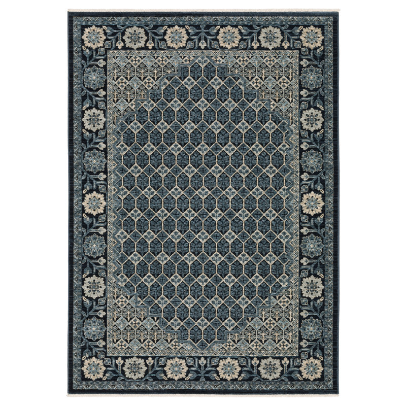 Edner Traditional Mosaic Center Deep Blue/ Ivory Area Rug, Rectangle 6'7" x 9'9"