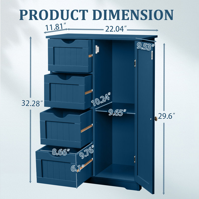 Blue Bathroom Storage Cabinet With 4 Drawers And 1 Door, Blue