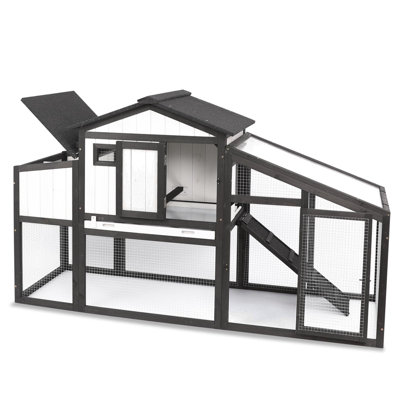 65"L Chicken Coop with Run, Wooden Hen House with Nesting Box, UV Panel
