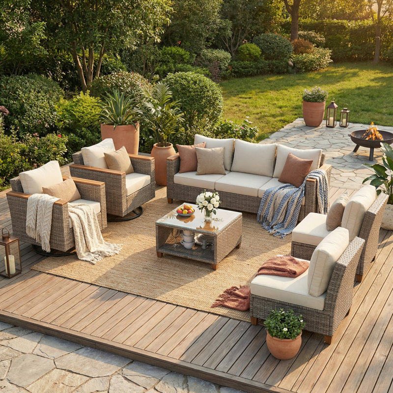 8-Piece Wicker Outdoor Patio Furniture Set with Thick Cushion, Patio Wicker Conversation Set for Backyard, Beige