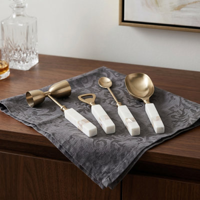 Ensemble élégant d'outils de bar en marbre et en acier avec support pour cocktail de bar maison - Accessoires de bar élégants dans une boîte pour chariot de salle à manger - Ensemble de 4,11 ", blanc et or