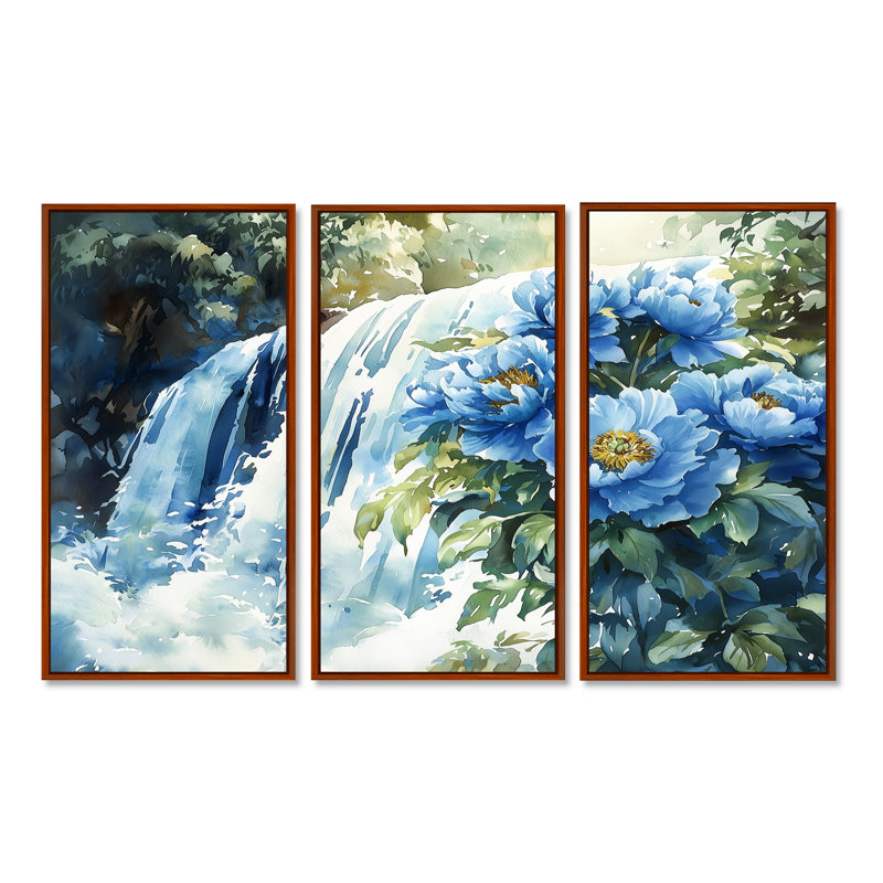 Pivoines par la cascade III - décorations murales pivoines - 3 pièces, H 28 po x l 36 po, Brun