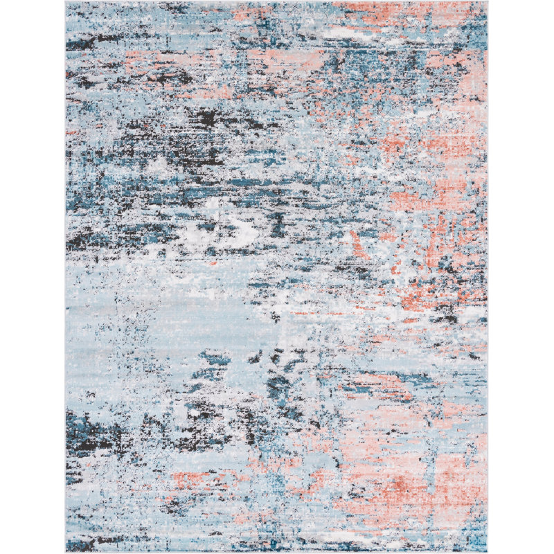Tapis abstrait bleu / noir / orange en polypropylène tissé à la machine, Rectangle 9 pi x 12 pi