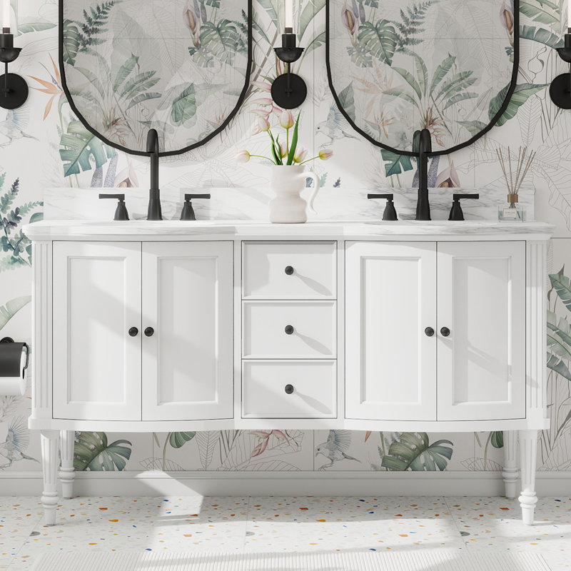 Ensemble de meuble-lavabo autoportant 60 po avec comptoir blanc Carrara, pieds en bois massif 60 po, entièrement assemblé