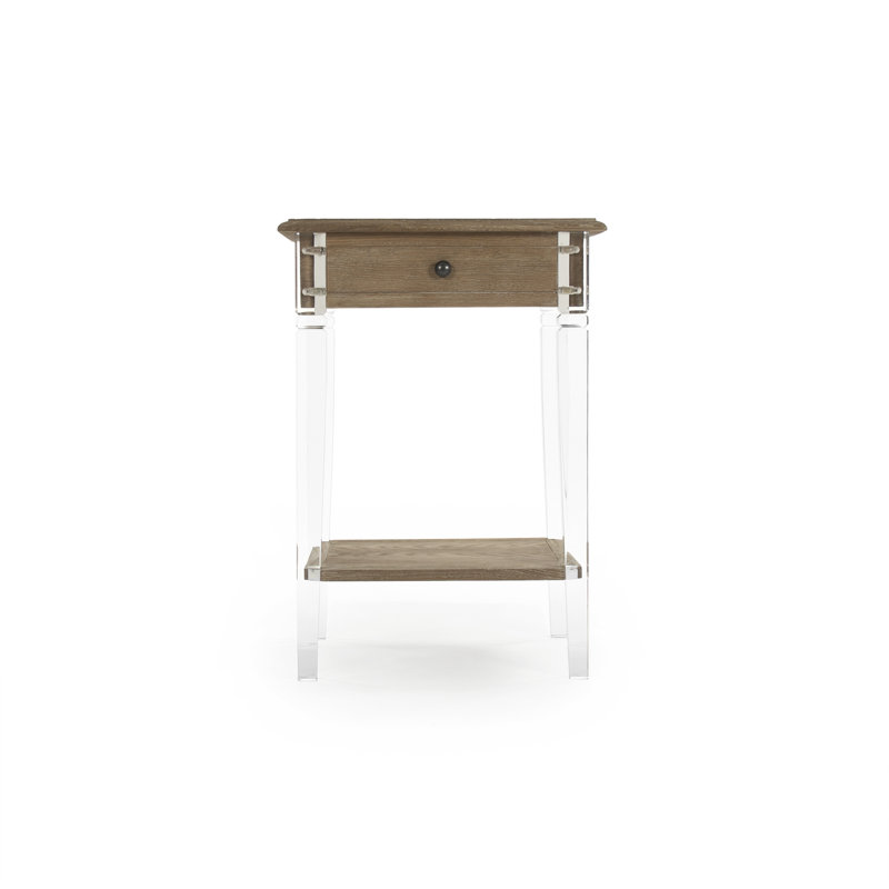 Limed Gray Oak Acrylic End Table with Drawer and Shelf