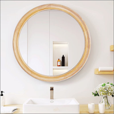 Round Farmhouse Wall Mirror, Distressed Vintage Wooden Frame Decorative Mirror for Entryway, Bedroom, Office