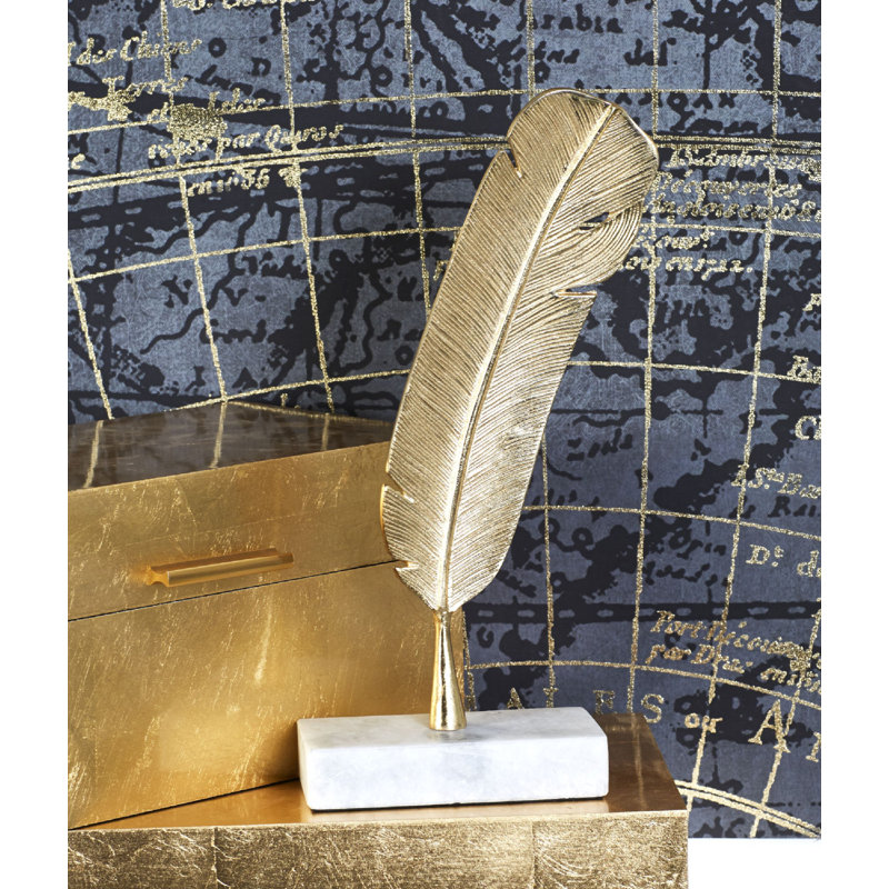 Gold Metallic Bird Feather Sculpture with Marble Base, 12" Height