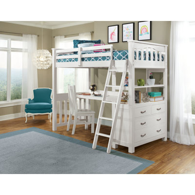 Lit mezzanine en bois massif avec bureau intégré et chaise Mateo