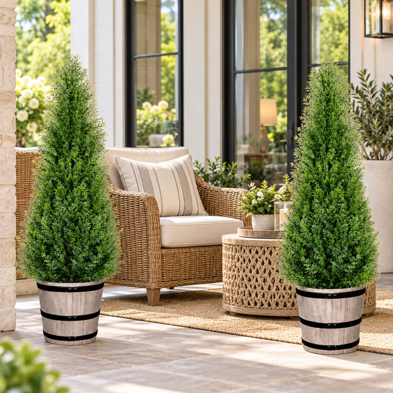 2-Pack 3FT Artificial Cedar Topiary Trees with Rustic Barrel Planters