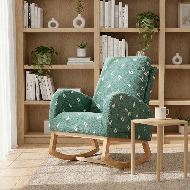 Mid Century Style Rocking Chair With Side Pocket and Upholstered High Back