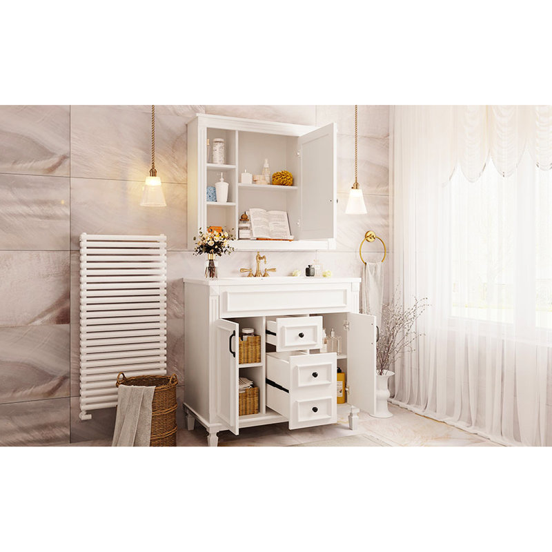 Meuble-lavabo 36 po avec lavabo et armoire à miroir - Rangement pratique 2 tiroirs à fermeture en douceur, 30", Blanc