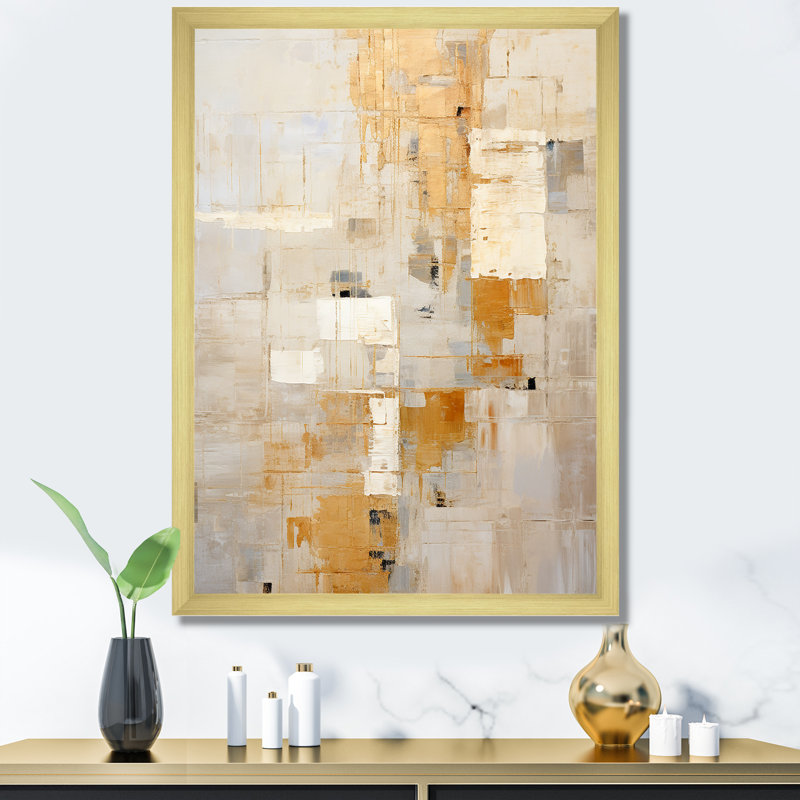 «Beige and Gold Dream Collage», art abstrait sur toile, formes abstraites, Cadre doré simple, H 44 po x l 34 po x P 1,5 po