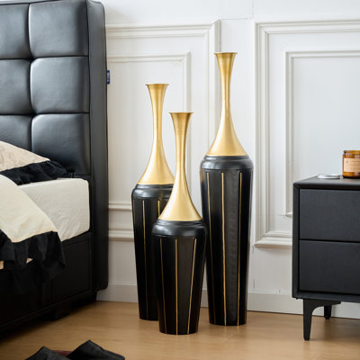 3-Piece Modern Floor Vase Set, Handcrafted Metal, 27.56" 31.5" 35.43" Tall, Black & Gold Decorative Vases for Entryway, Living Room, Home Decor, Not Waterproof