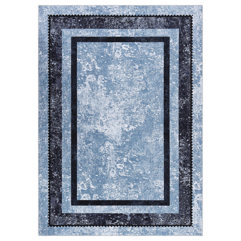 8x10 Large Washable Area Rug Modern Bordered Rug Distressed Blue Floor Carpet Geometric Rug, Non Slip Non Shedding Rug, Soft Thin Rug, Indoor Low Pile Rug for Living Room, Bedroom