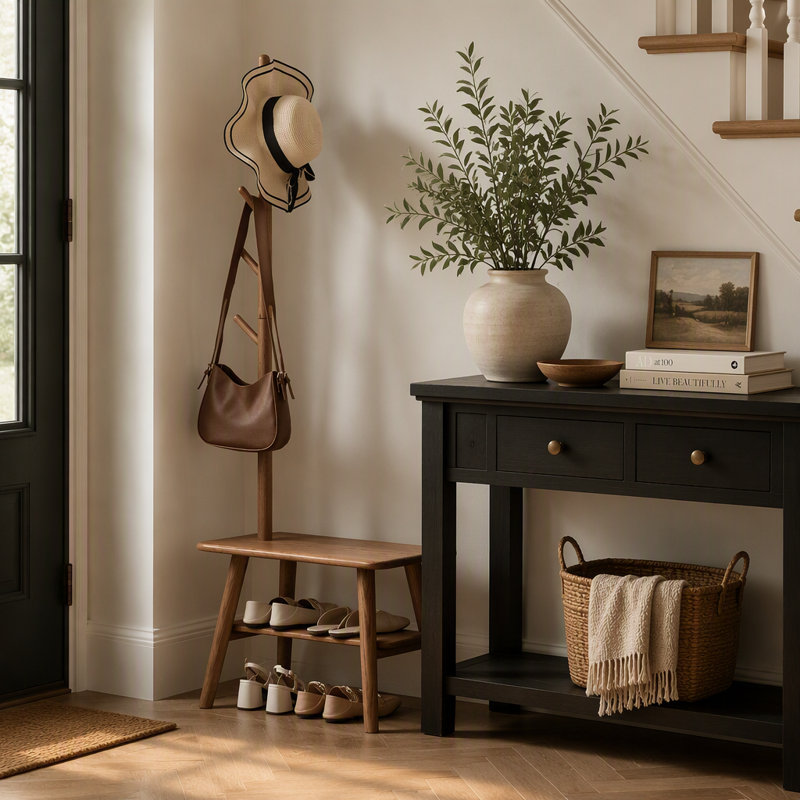Tabouret à chaussures en bois massif naturel avec porte-chaussures, banc de rangement moderne du milieu du siècle pour entrée et salon