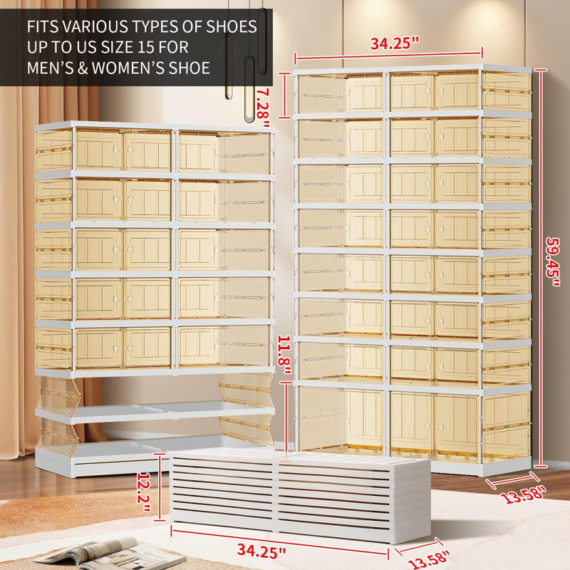 8-Tier 16-32 Pairs Plastic Stackable Shoe Storage Cabinet For Entryway Easy Assembly, White