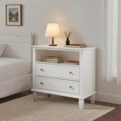 Mid-Century Modern Nightstand with 2 Drawers and Open Storage, Farmhouse Bedside Table with USB Ports and Electrical Outlets, Fluted Pilaster Design and Solid Wood Legs