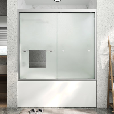55"-60" W x 60" H Double Sliding Aluminum Framed Bath Tub Shower Door in Brushed Nickel with 1/4" Frosted Tempered Glass