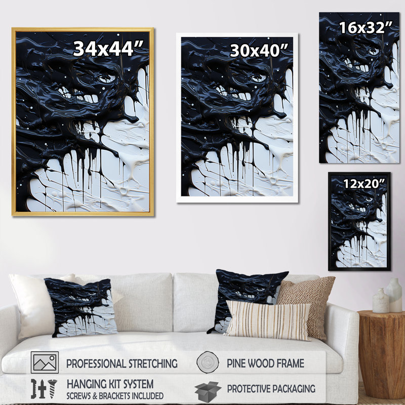 «Black and White Ink Exploison», reproduction sur toile, Cadre flottant doré, H 20 po x l 12 po x P 1 po