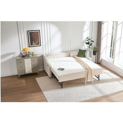 Lit de jour simple rembourré avec couchette, port USB, poches latérales, lit de jour en velours avec bouton sur le dos et passepoil sur les accoudoirs ondulés pour la chambre d'amis