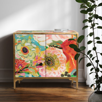 Console Coutee "Secret Garden Floral III" sur verre biseauté imprimé à l'envers avec cadre en fer doré