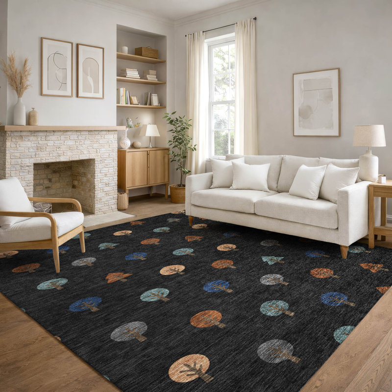 Villers Washable Geometric Indoor/Outdoor Rug, Noir, 10 pi x 14 pi