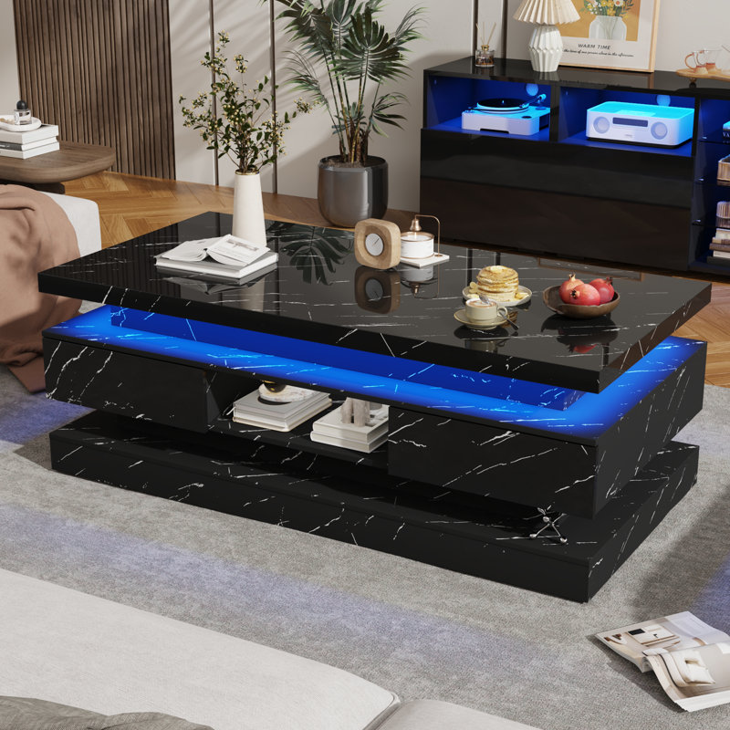 47.2'' LED Coffee Table With 2 Storage Drawers, High Gloss, Black