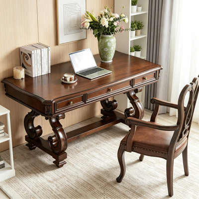 Retro Distressed Carved Solid Wood Writing Desk
